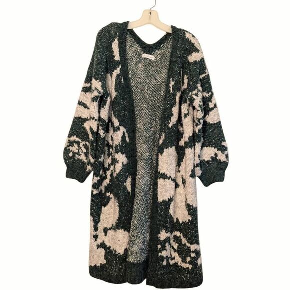 Brazos Market Women's Open Front Duster Sweater Cardigan Green and Cream One Sz - Picture 1 of 15
